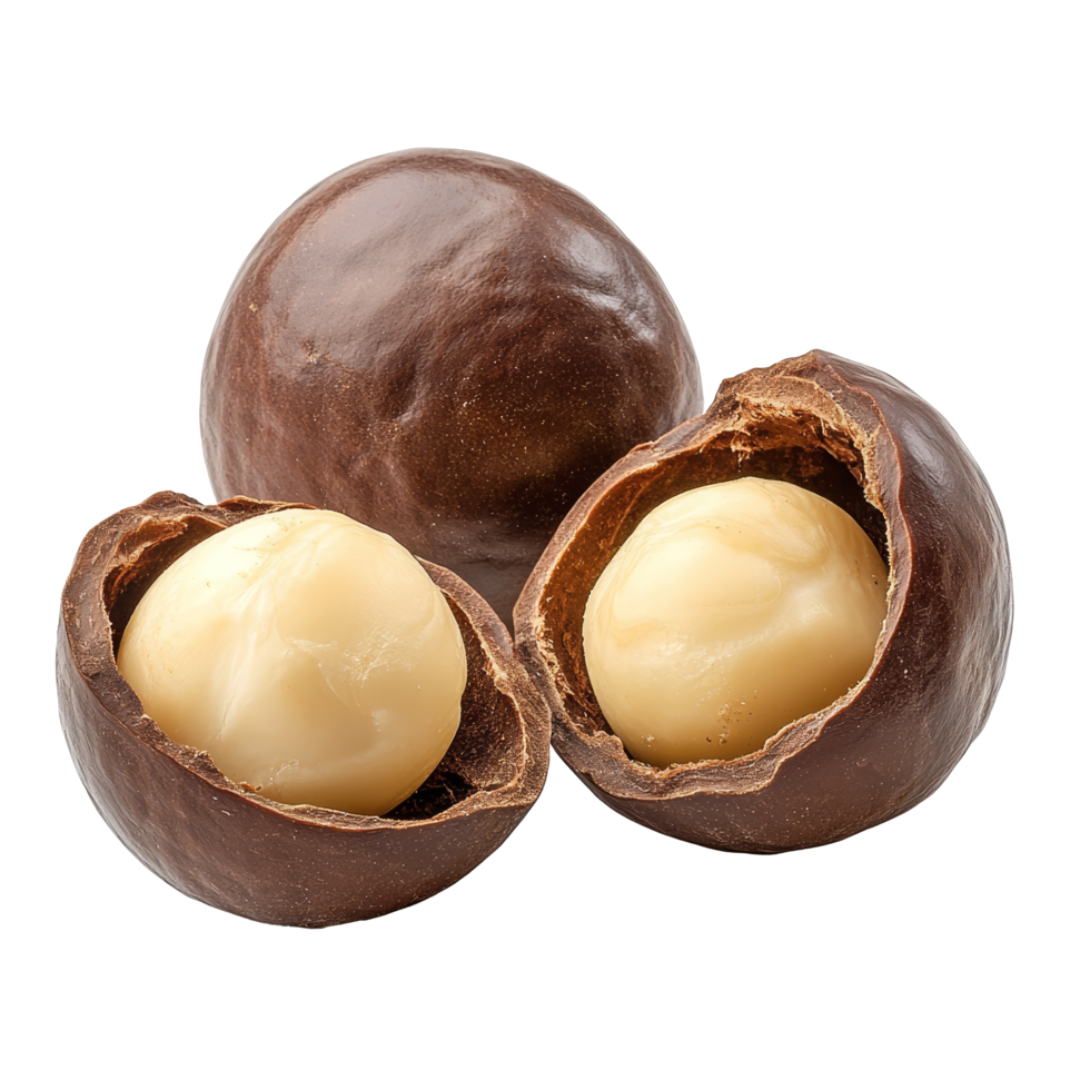 Macadamia nut isolated on a clean transparent background, showcasing the smooth texture and rich color of the nut itself, Peeled macadamia nut isolated on transparent background png