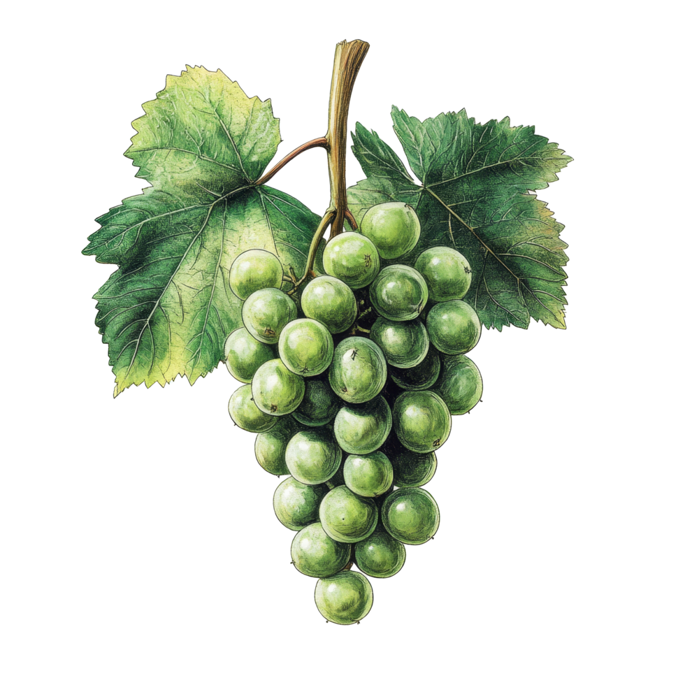 Detailed botanical illustration of a green grape bunch with leaves, showcasing natural beauty and vibrant colors, Green Grape Bunch Botanical Illustation on transparent background png