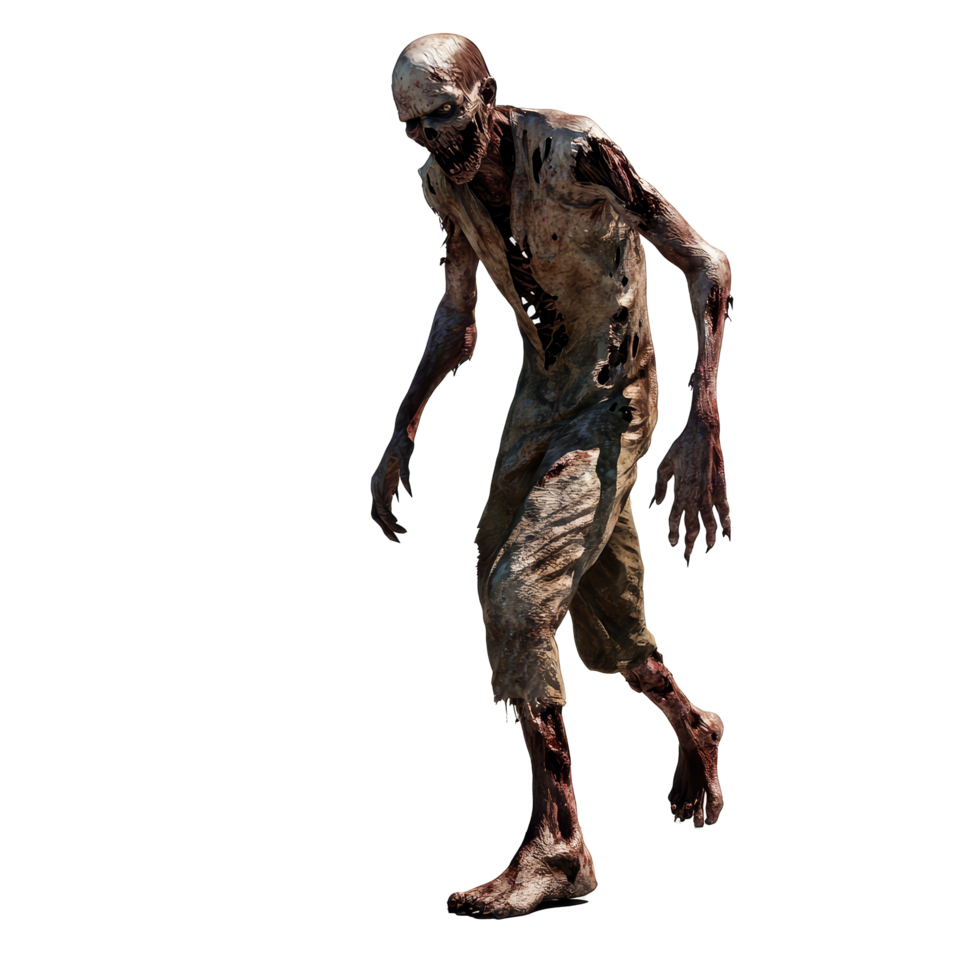 A full-height walking zombie displayed in isolation, showcasing eerie details of a decayed figure, walking zombie in full height, file of isolated object with shadow on transparent background png
