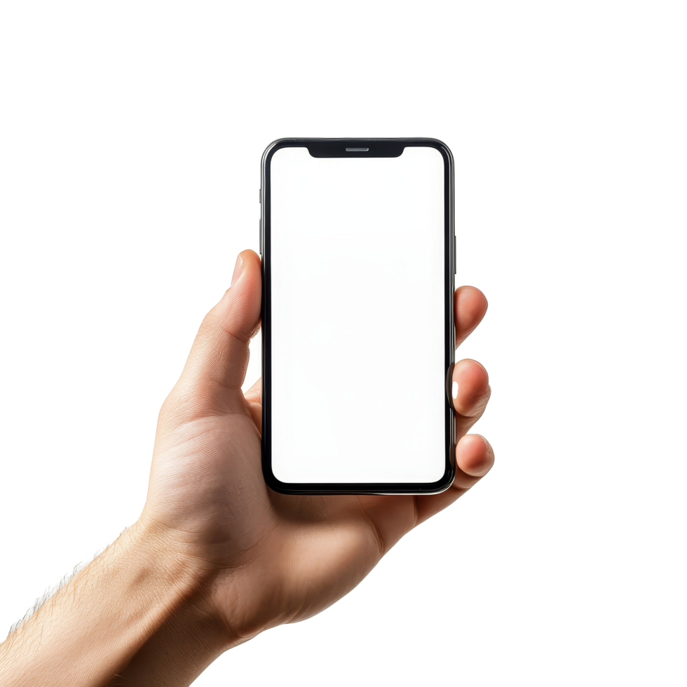 Hand holding a mobile phone mockup with a blank screen against a transparent background for design presentations, Mobile phone mockups, smartphone screen mock up frame in hand isolated on transparent background png