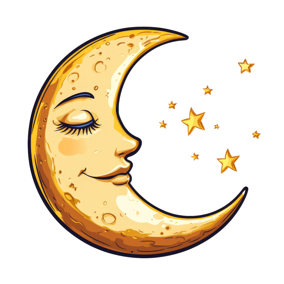 A cheerful cartoon crescent moon with a smiling face surrounded by stars on a bright transparent background, Cartoon Crescent Moon with Face on transparent background png