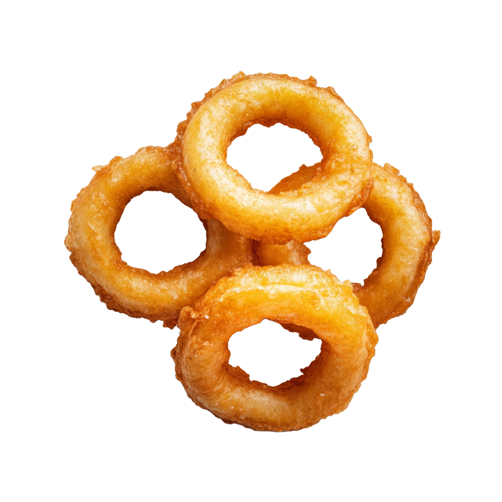 Delicious golden onion rings arranged neatly on a transparent plate against a clean backdrop, onion rings on a plate on transparent background png