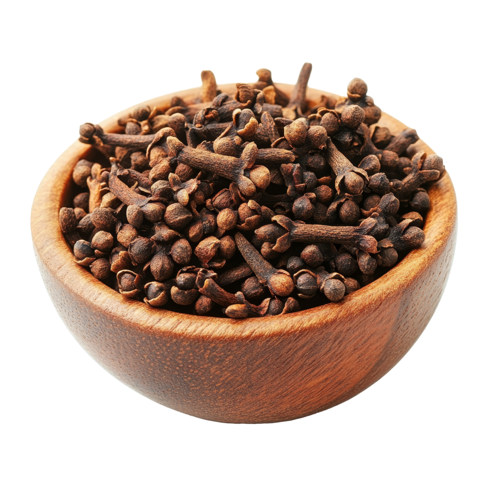A rustic wooden bowl filled with aromatic cloves spices against a clean transparent background, cloves spices in wood bowl on transparent background png