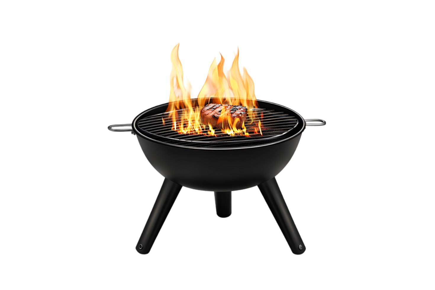 Steak on a charcoal grill with flames on a transparent background png