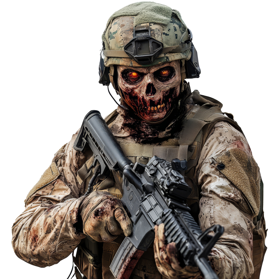Military zombie soldier with a weapon standing alone against a transparent background, military soldier zombie isolated on transparent background png