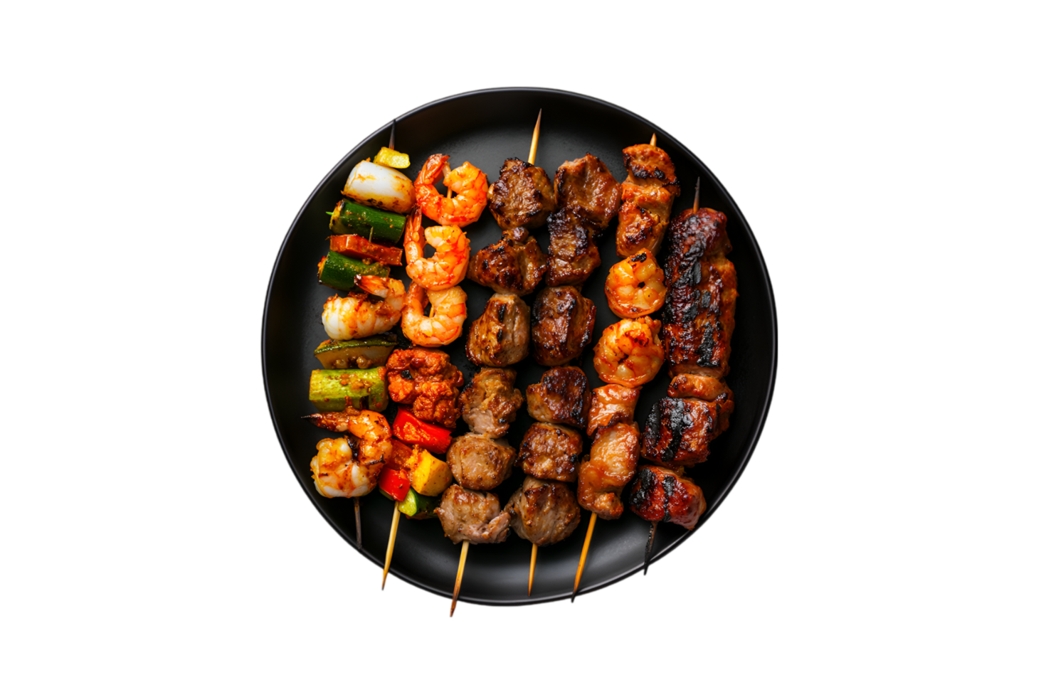 Skewers with grilled meat and vegetables on a transparent background png