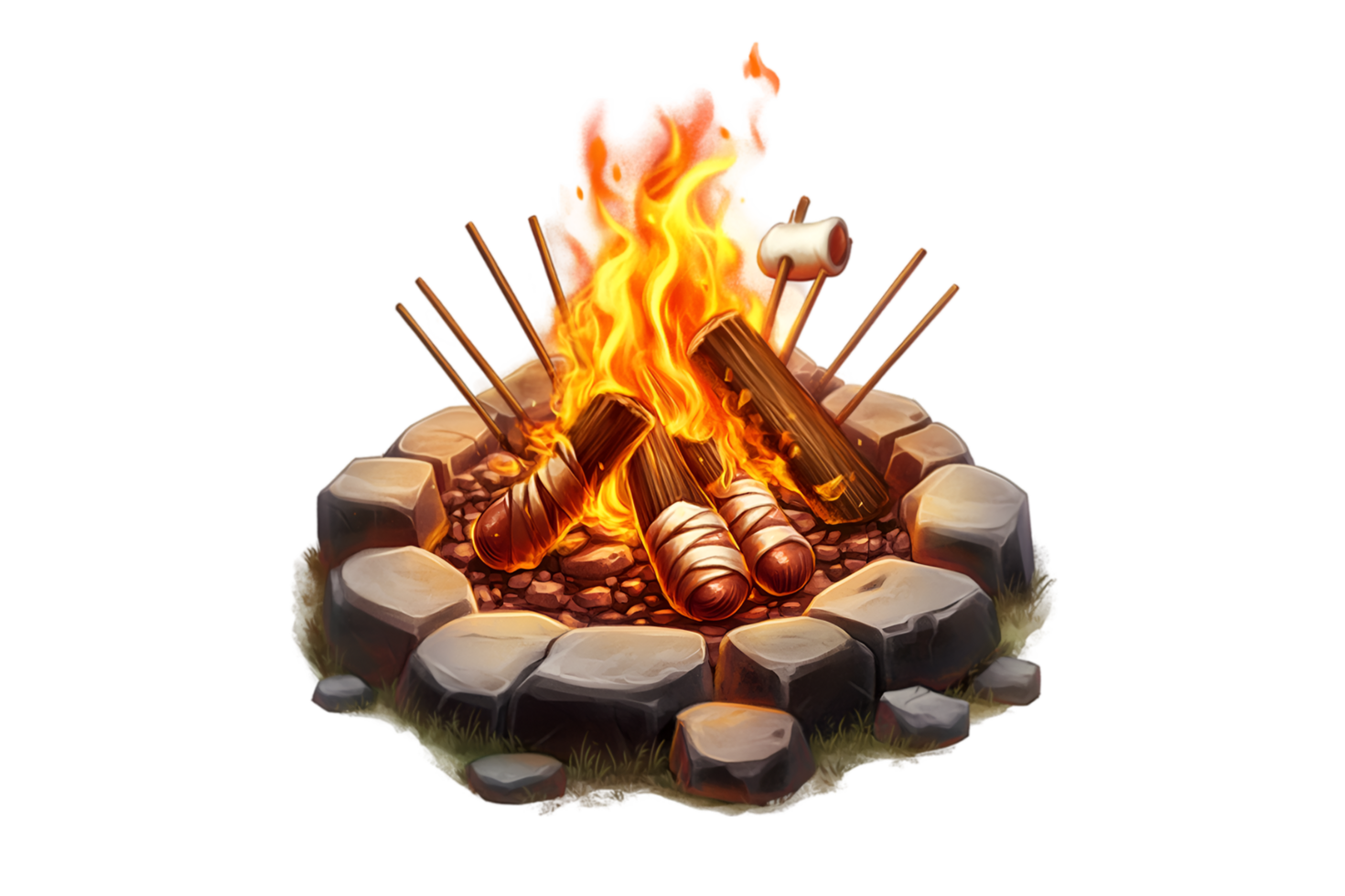 Campfire with logs and marshmallow sticks on a transparent background png