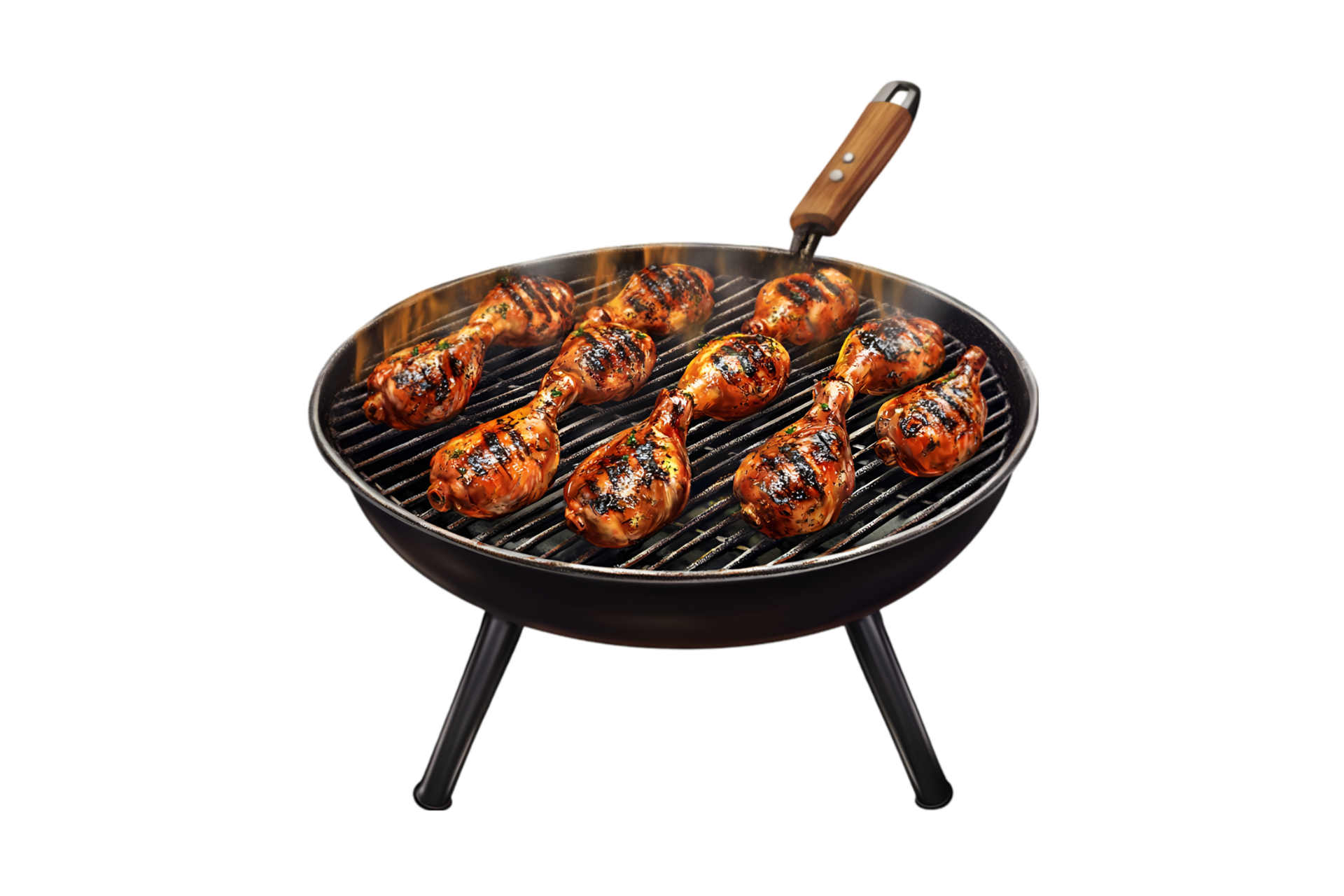 Chicken drumsticks on a barbecue grill on a transparent background