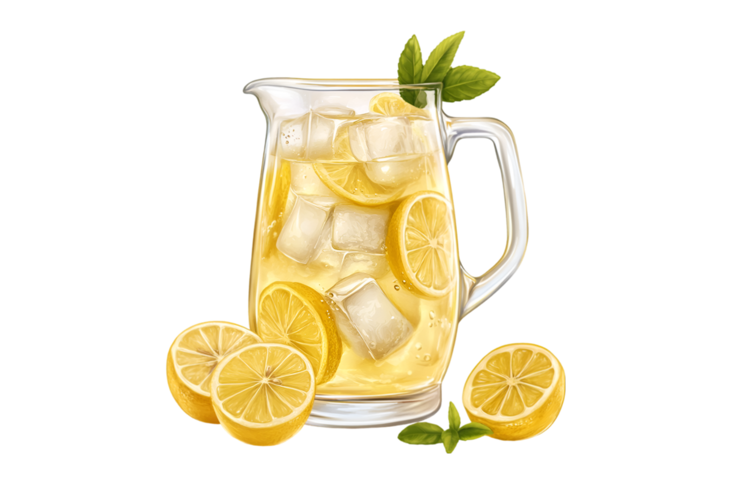 Lemonade pitcher with ice and lemon slices on a transparent background png