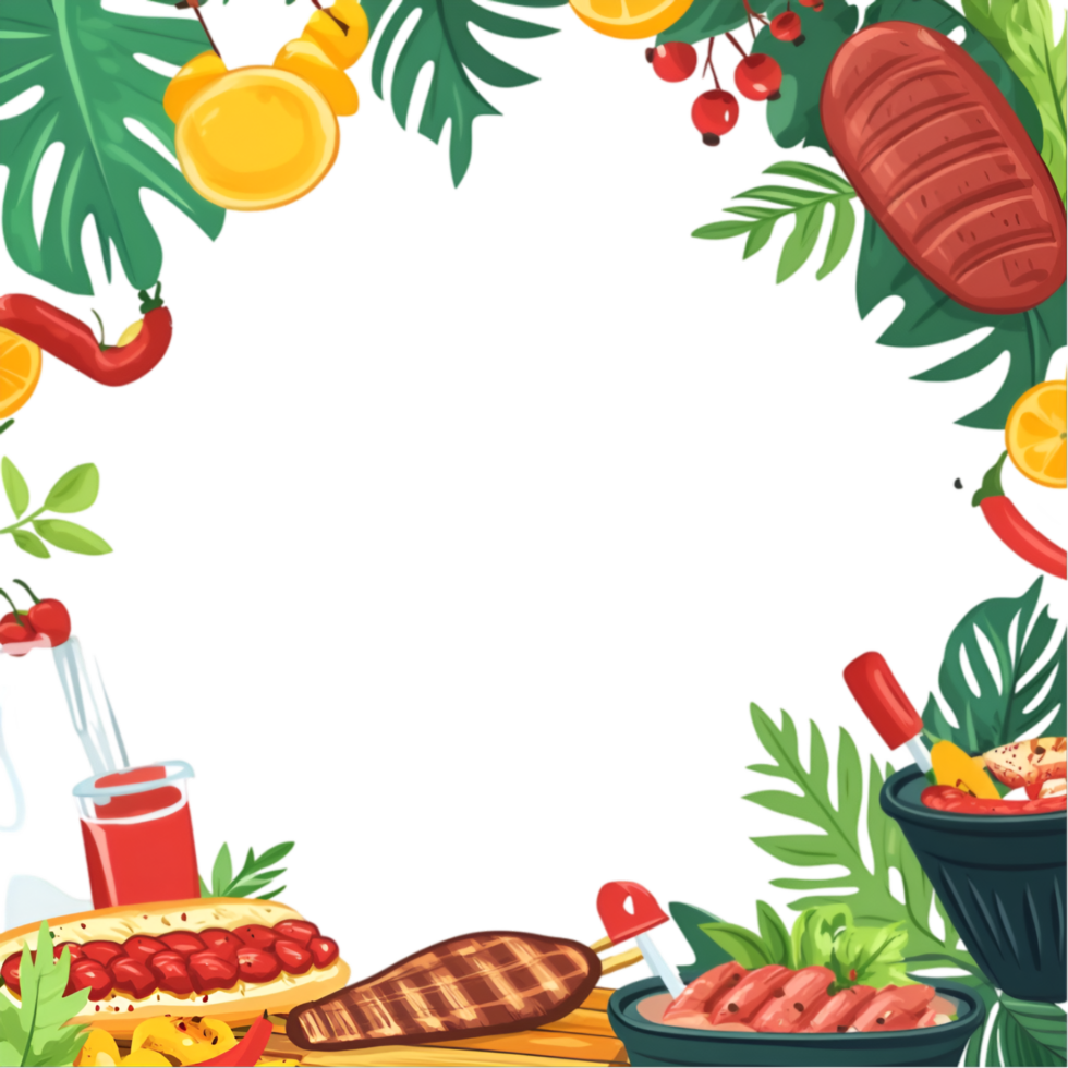 Food frame with various fruits and utensils on a transparent background png