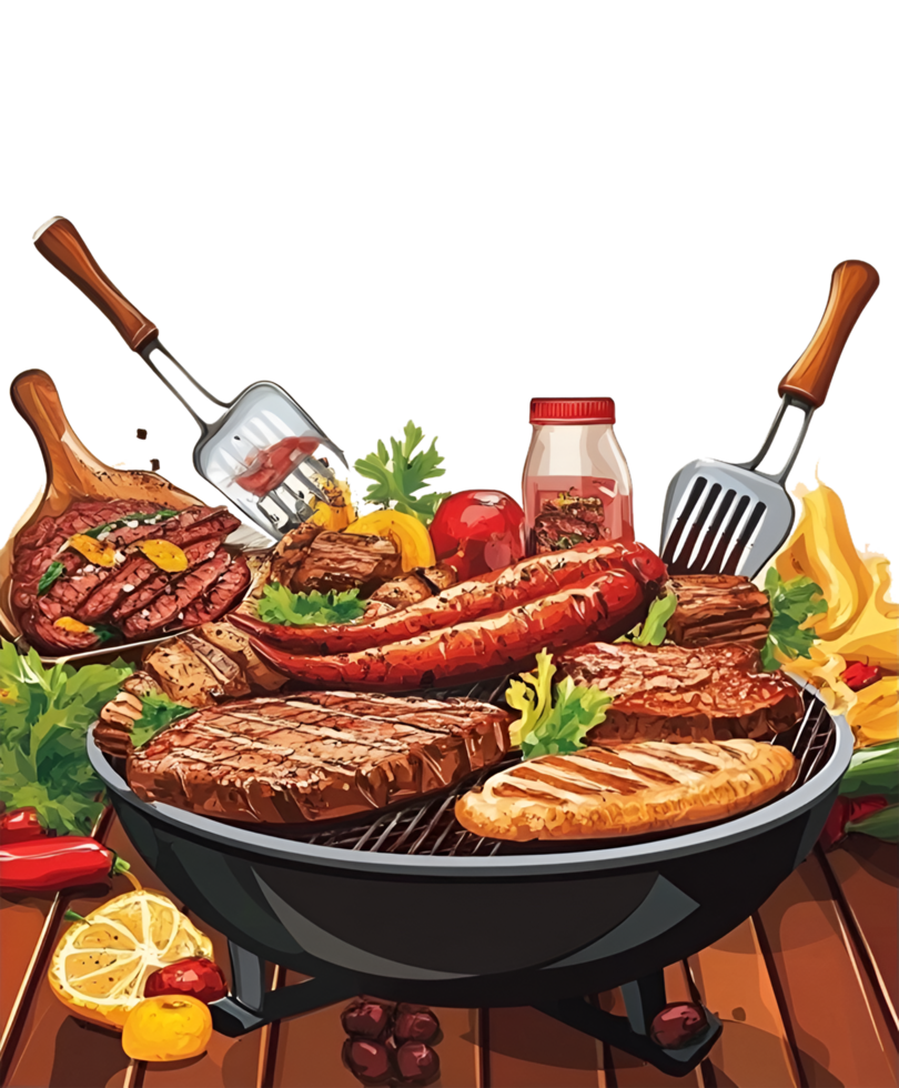 Barbecue grill with assorted meats and vegetables banner on a transparent background png