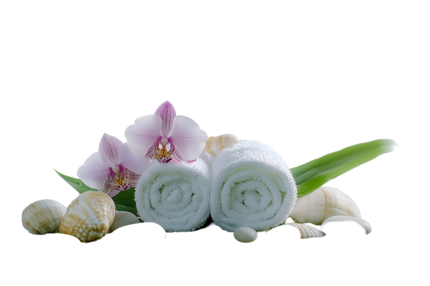 Tranquil spa setting with orchids and seashells on a transparent background png