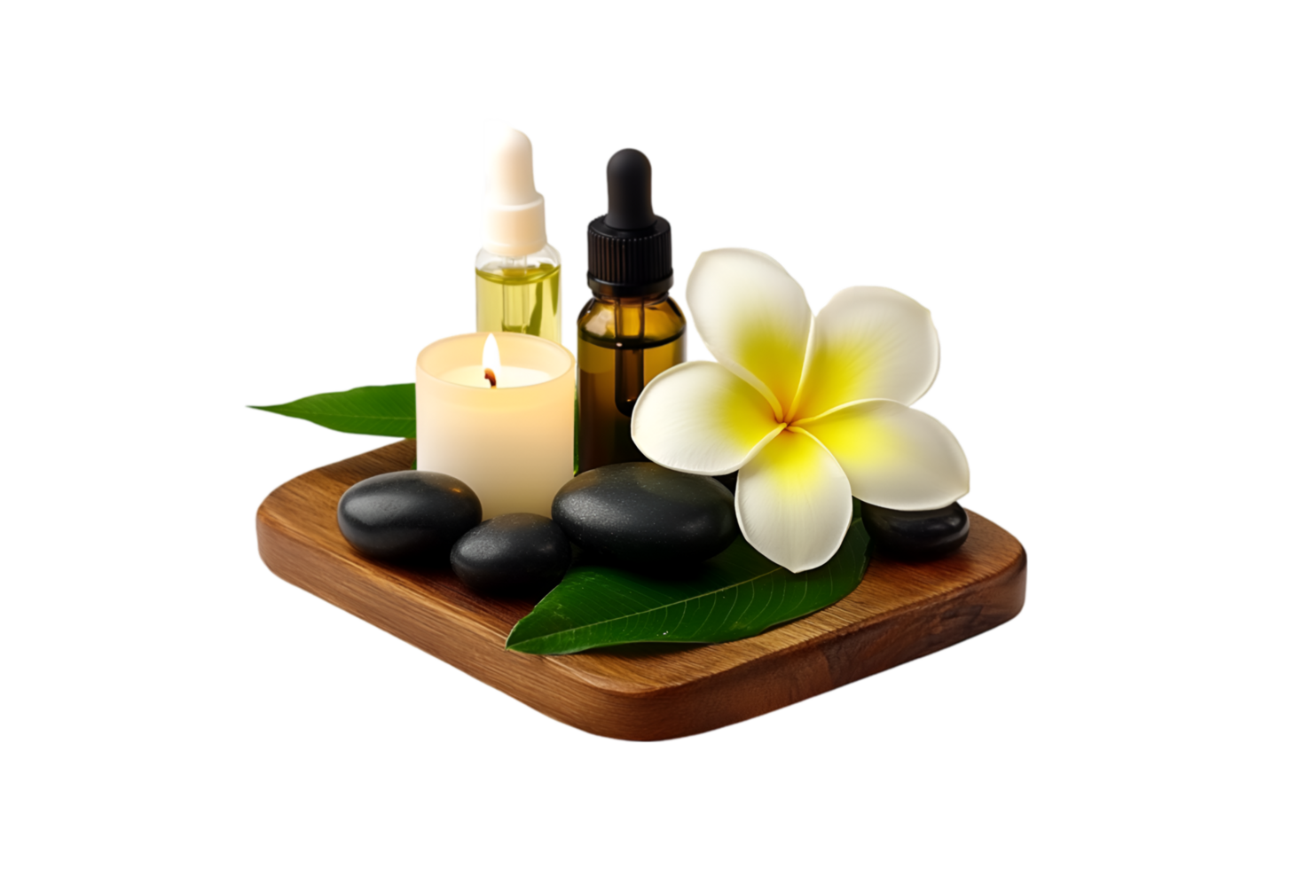 Spa essentials with candles and plumeria flower on a transparent background png