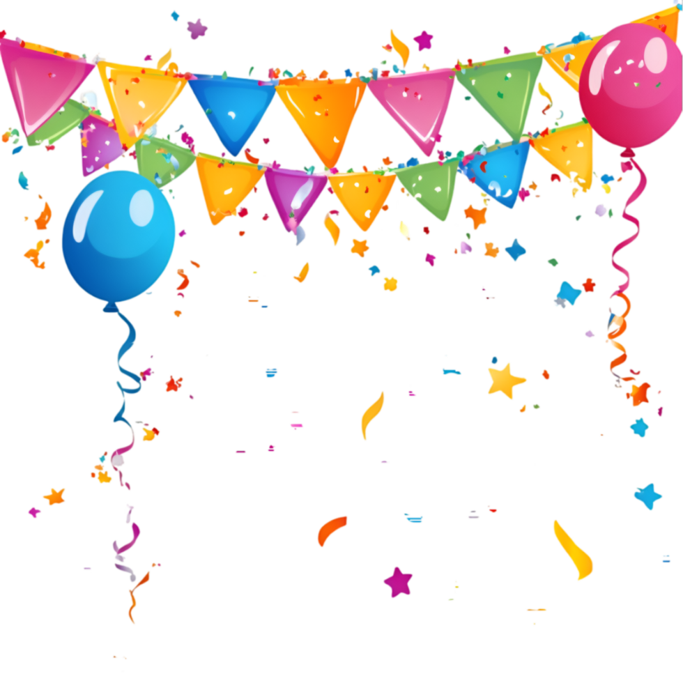 Colorful party balloons and bunting with confetti on a transparent background png