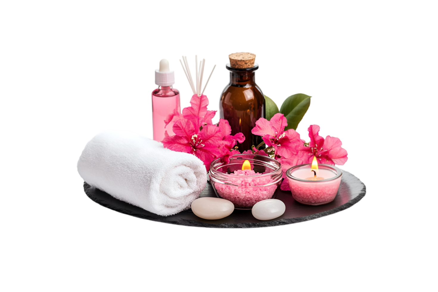 Spa set with pink flowers and candles on a transparent background png