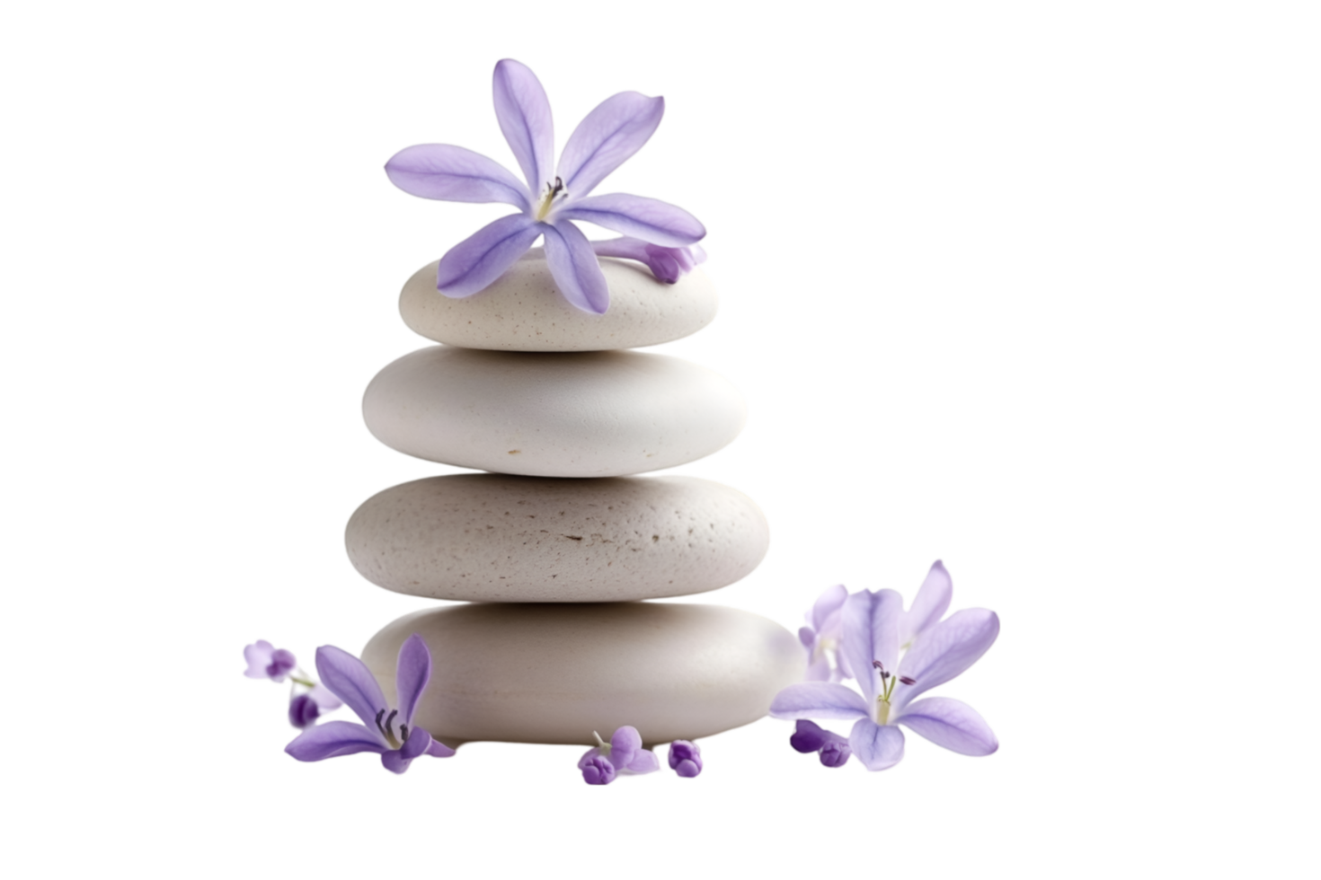 Stack of white stones with purple flowers on a transparent background png