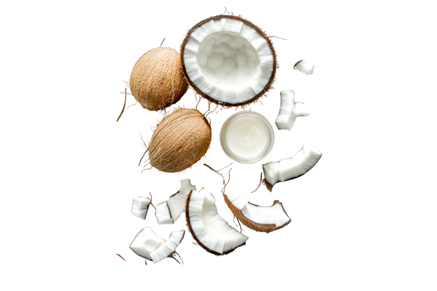 Coconut Halves with Pieces and Oil on Transparent Background png