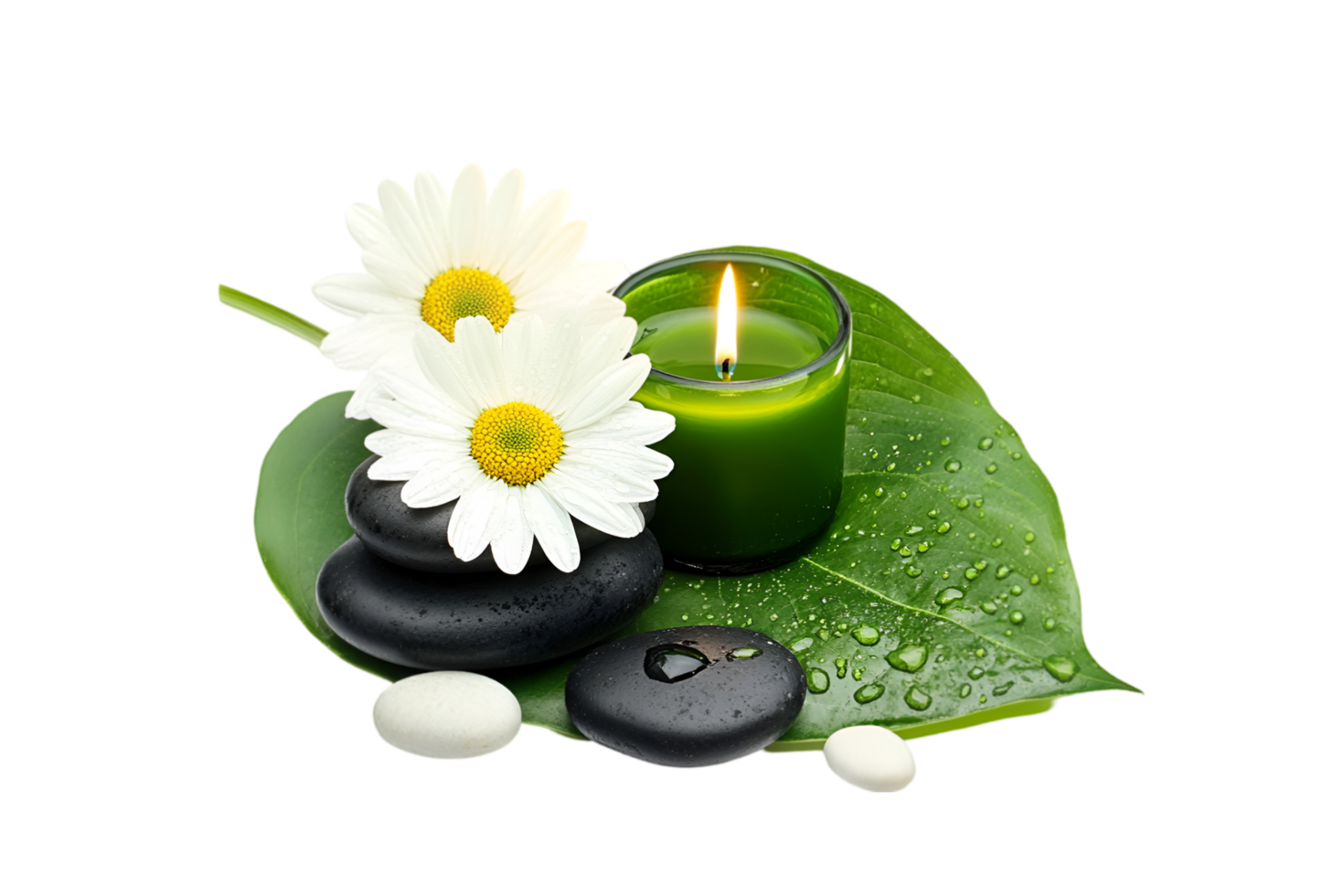 Spa candle with daisies and black stones on a transparent background png