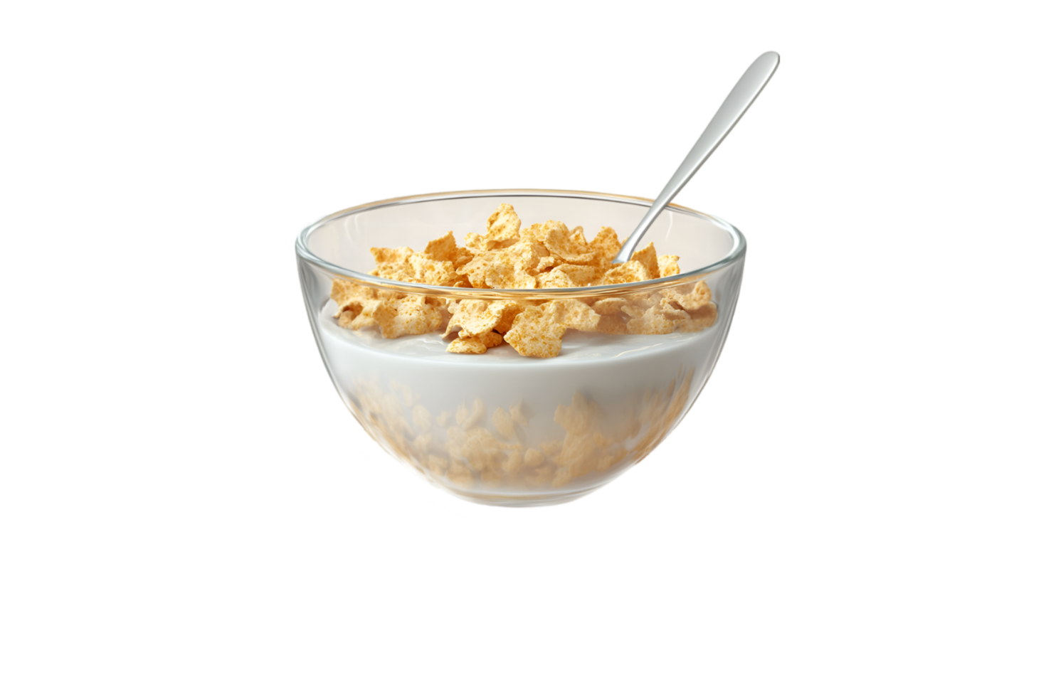 Cornflakes in a bowl with milk and spoon isolated on a transparent background png