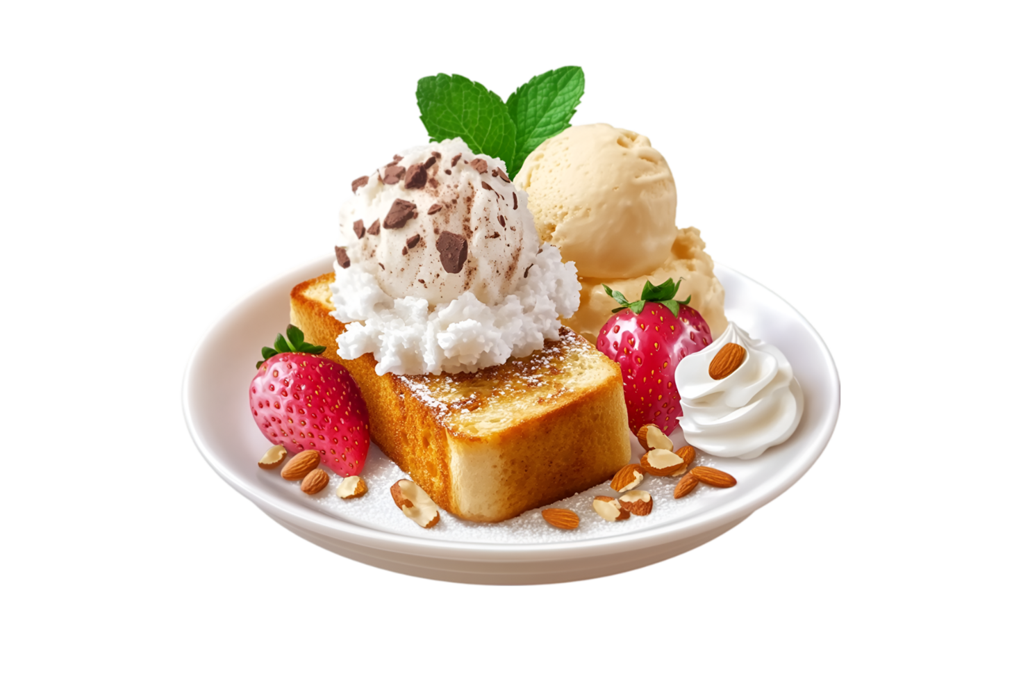 French toast with ice cream and strawberries isolated on a transparent background png