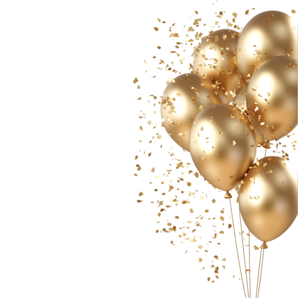 Golden balloons with confetti isolated on a transparent background png
