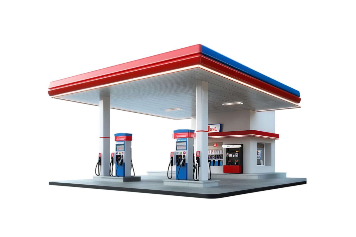 Gas station with fuel pumps isolated on a transparent background png