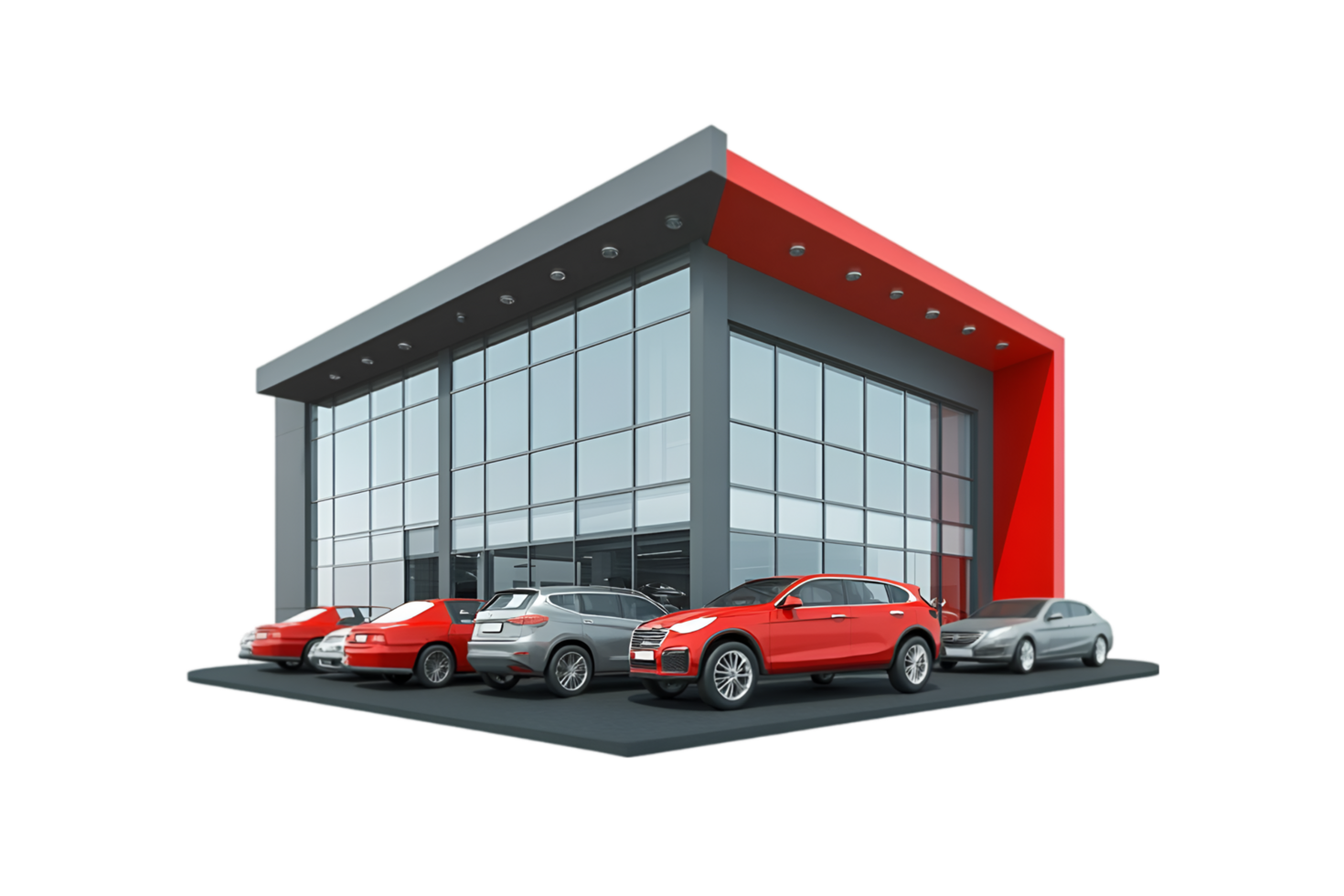 Car dealership building with parked vehicles isolated on a transparent background png
