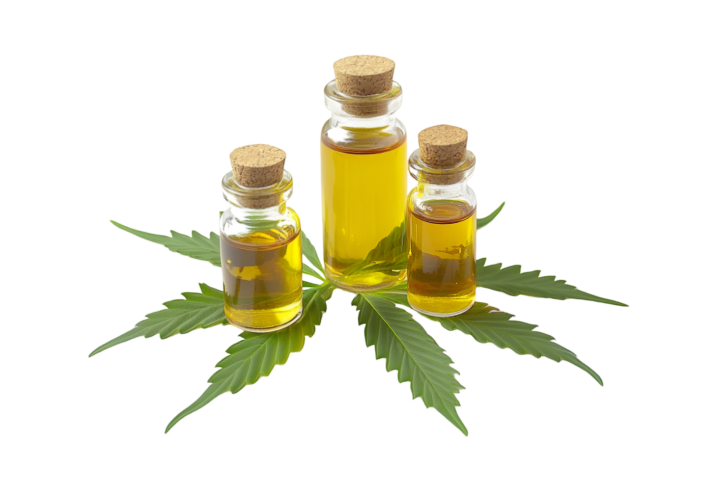 CBD oil bottles with cannabis leaves isolated on a transparent background png