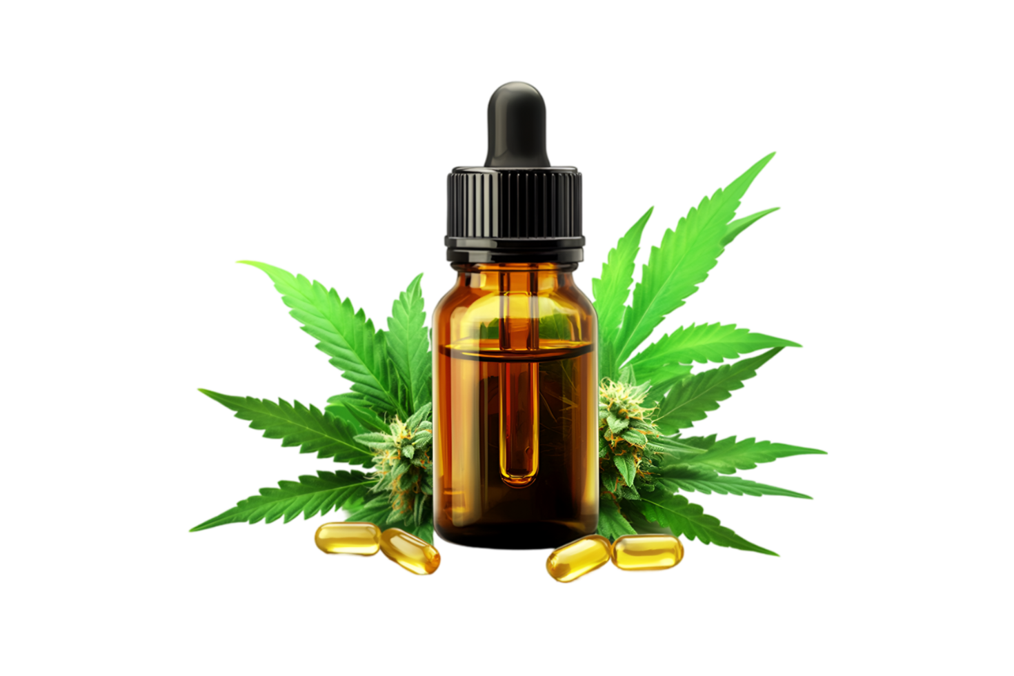 CBD oil bottle with cannabis leaves and capsules isolated on a transparent background png