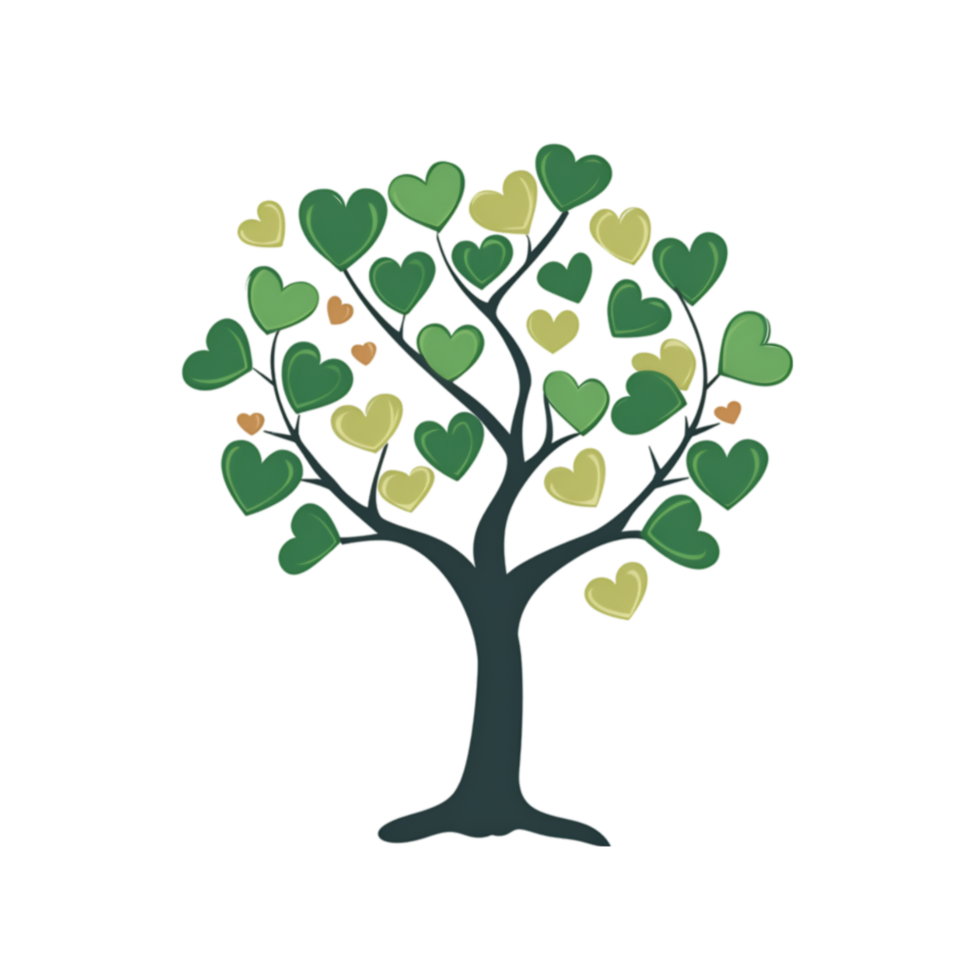Heart shaped tree with green leaves on a transparent background png