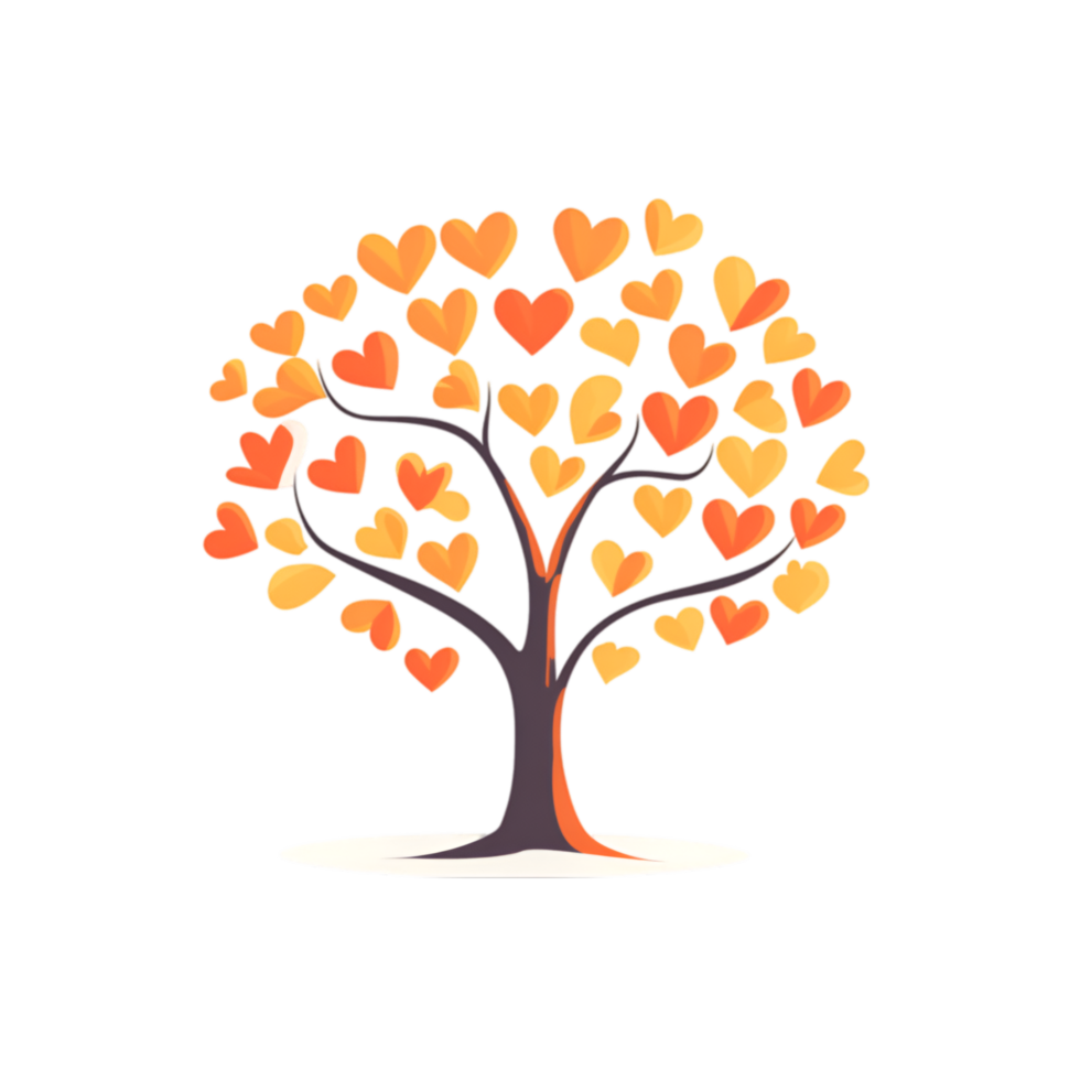 Heart shaped tree with orange leaves on a transparent background png