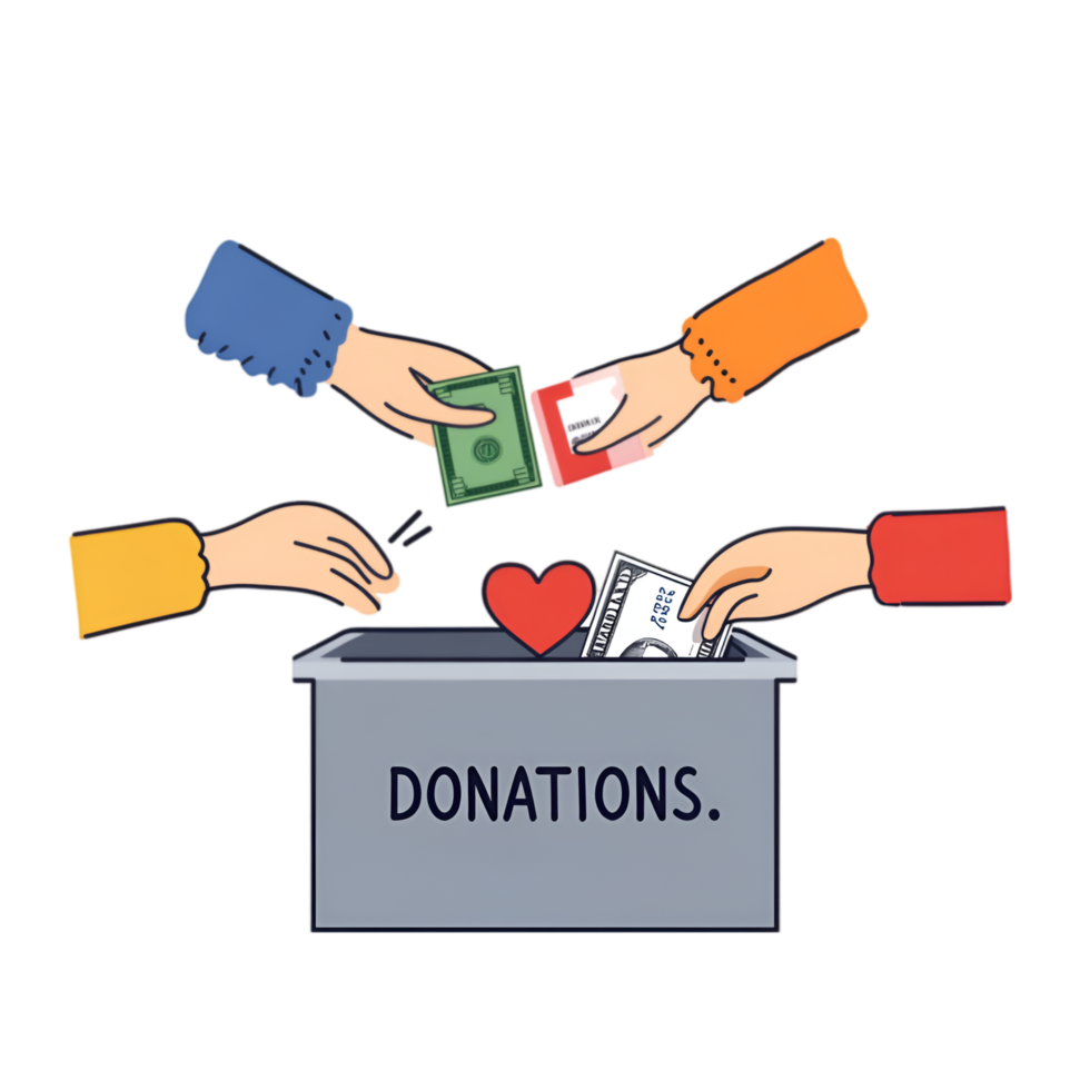 Donation box with hands giving money and hearts isolated on a transparent background png