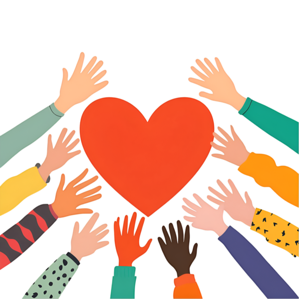 Diverse hands reaching towards a heart illustration on a transparent background png