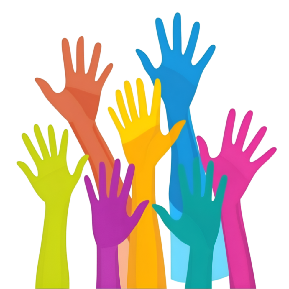 Colorful raised hands illustration diversity and unity concept on a transparent background png