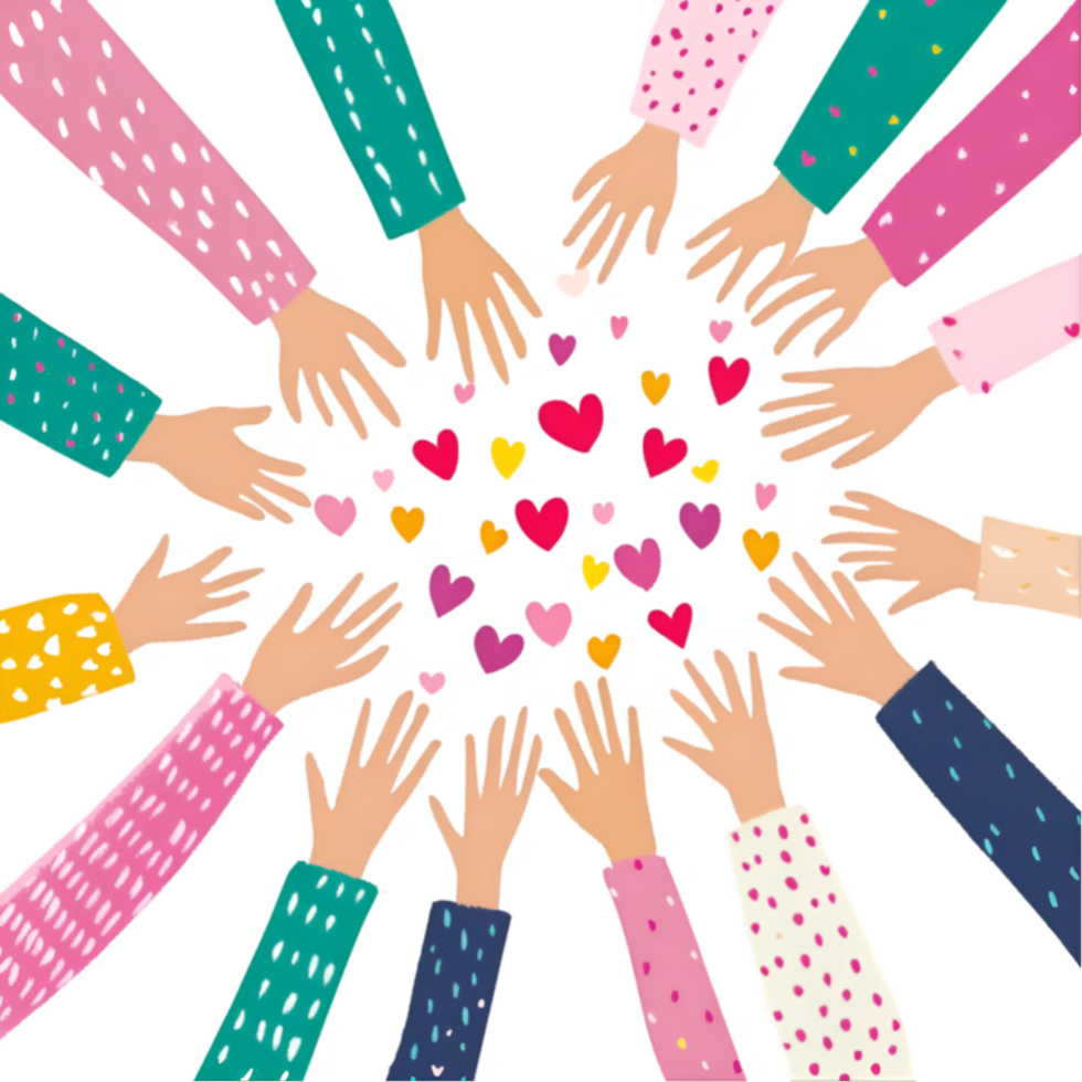 Colorful hands reaching for hearts on a transparent background png