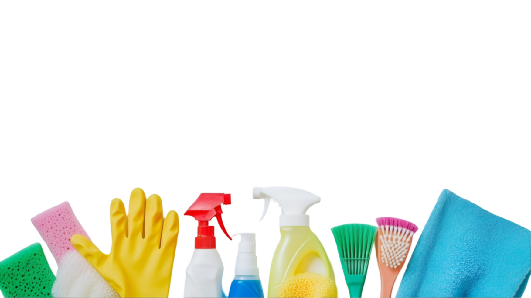 Variety of colorful cleaning supplies arranged on a transparent background png