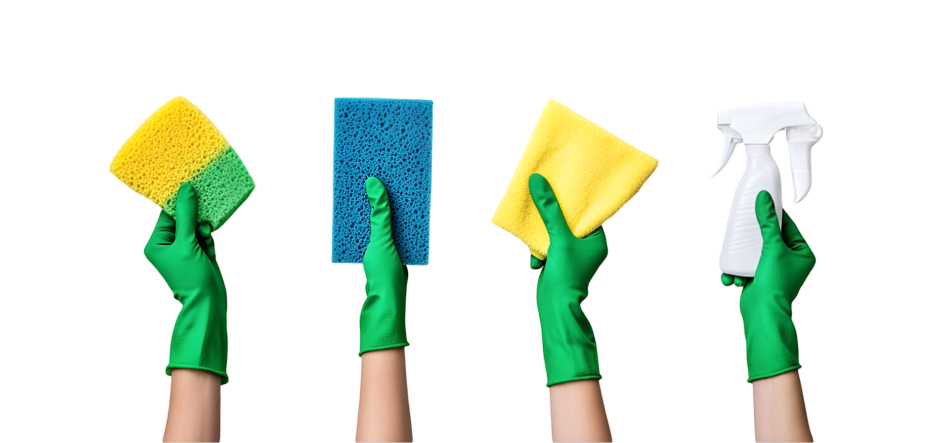 Hands in green rubber gloves holding cleaning tools isolated on a transparent background png