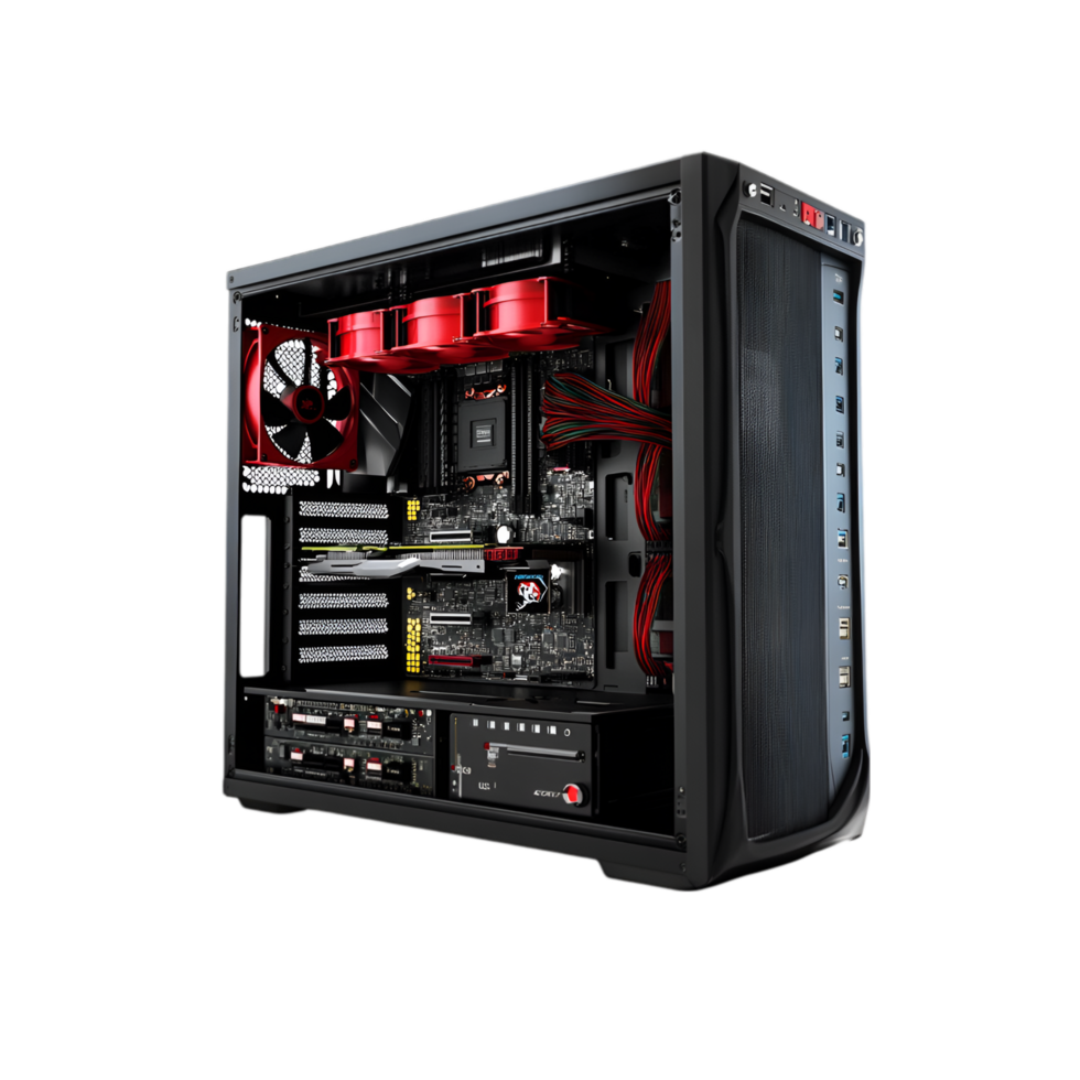 High performance gaming PC tower with open side panel isolated on a transparent background png