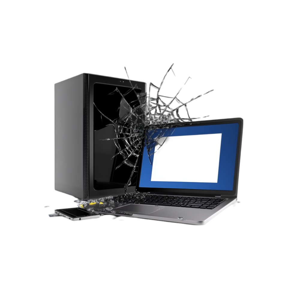 Broken laptop screen with shattered glass isolated on a transparent background png