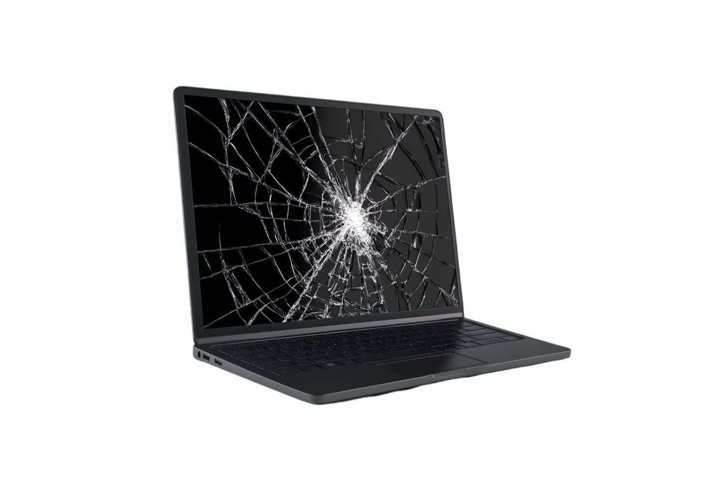 Laptop with shattered screen and broken display isolated on a transparent background png