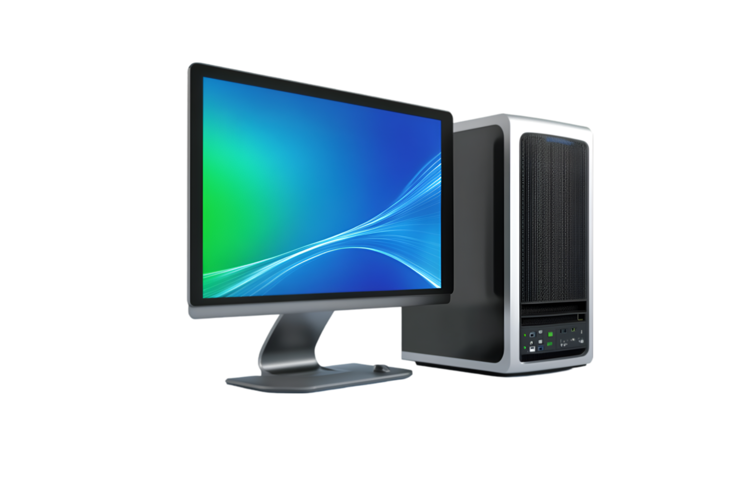 Desktop computer setup with monitor, keyboard, and mouse isolated on a transparent background png