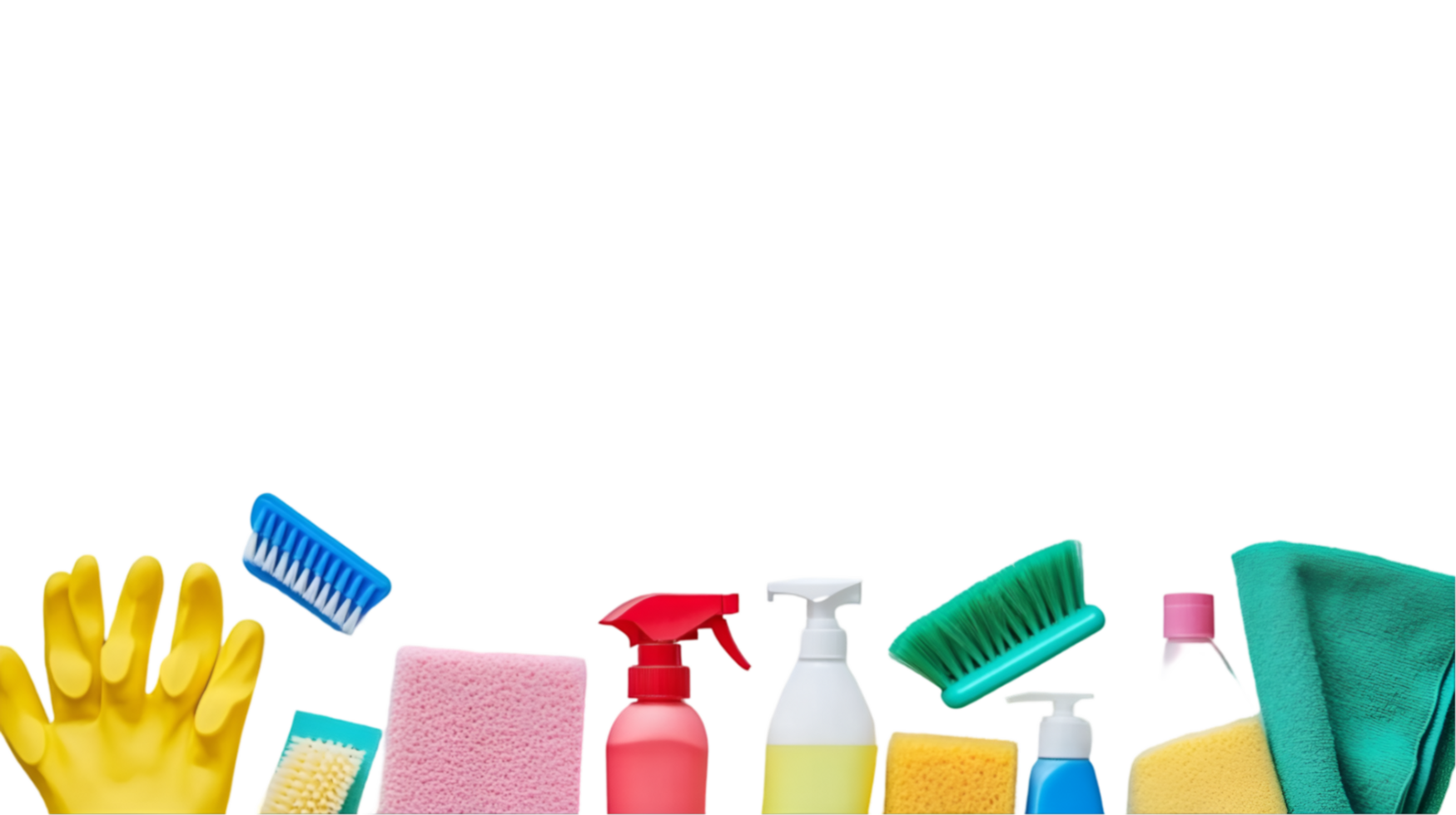 Variety of colorful cleaning supplies arranged on a transparent background png