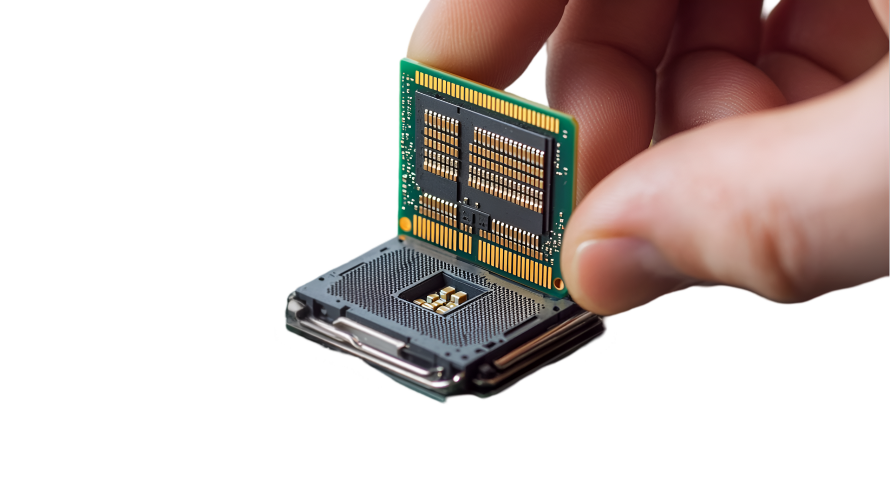 Hand installing a computer processor on a transparent background png