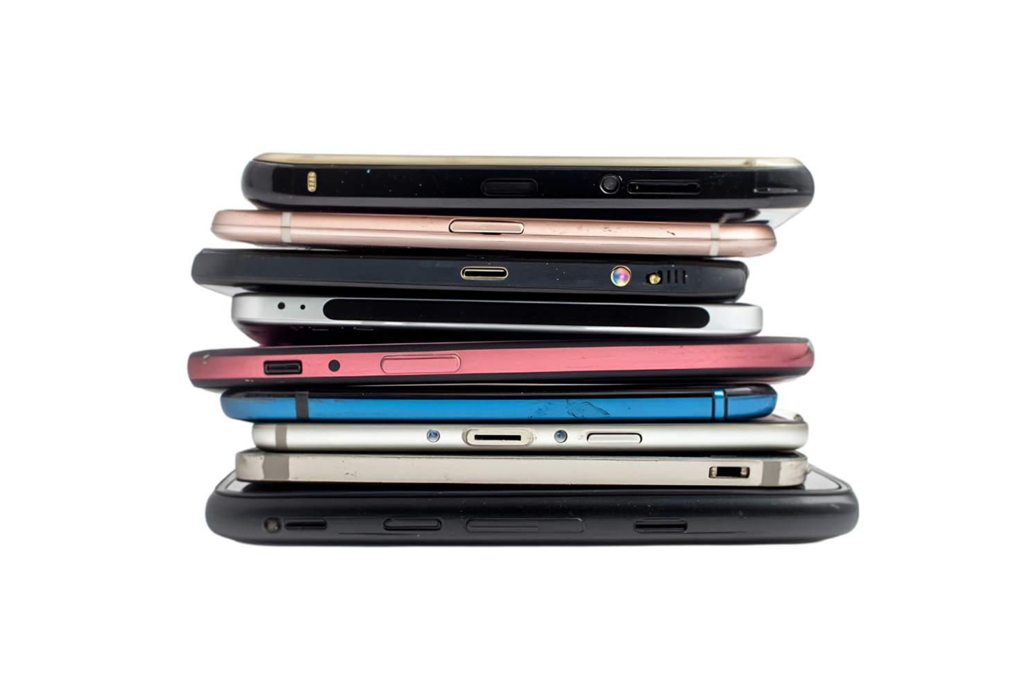 Stack of used smartphones isolated on a transparent background png