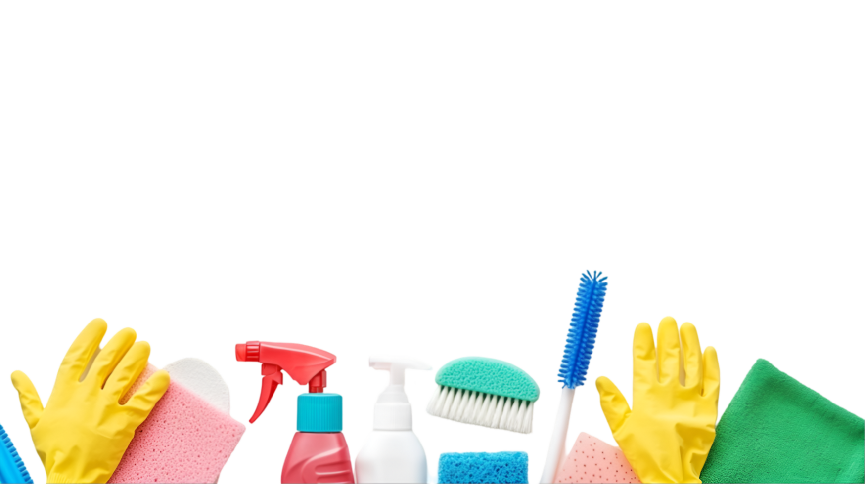 Variety of colorful cleaning supplies arranged on a transparent background png