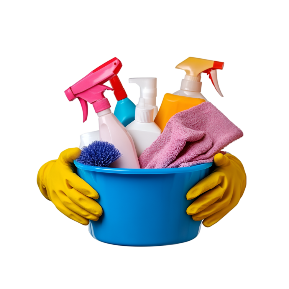 Hands in yellow rubber gloves holding a cleaning supplies bucket isolated on a transparent background png
