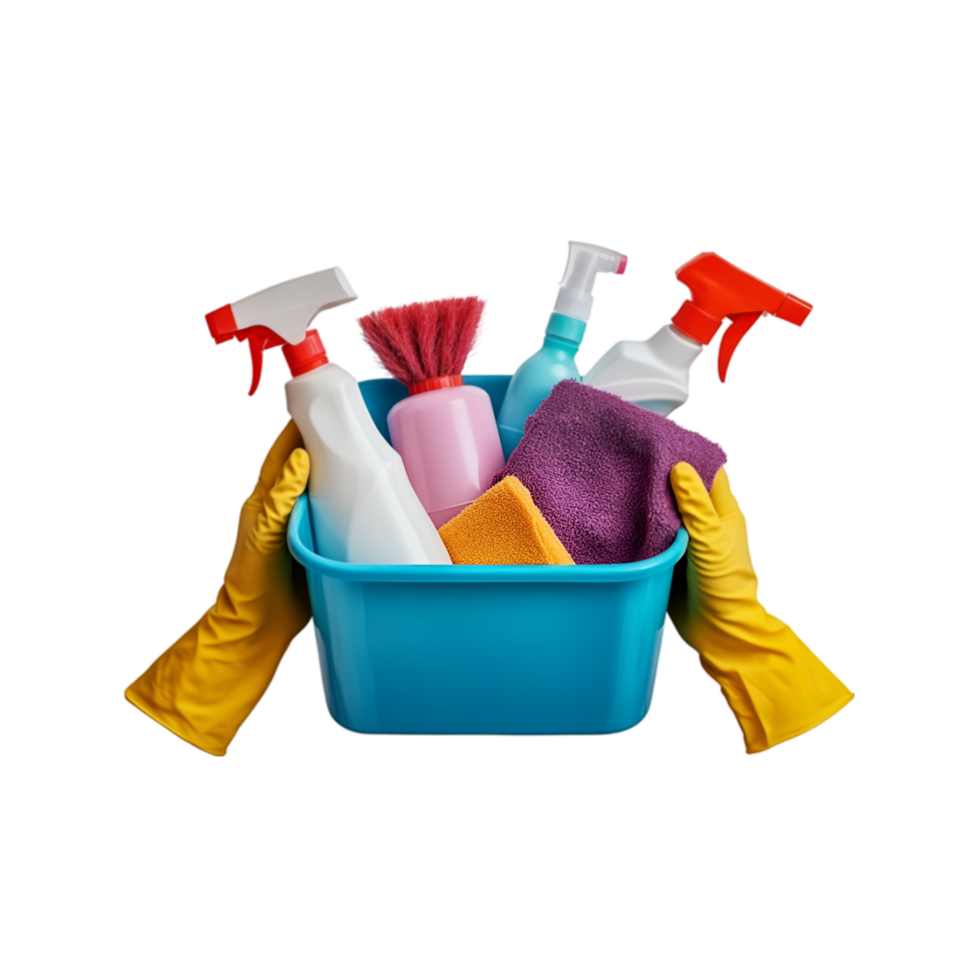 Hands in yellow rubber gloves holding a cleaning supplies bucket isolated on a transparent background png