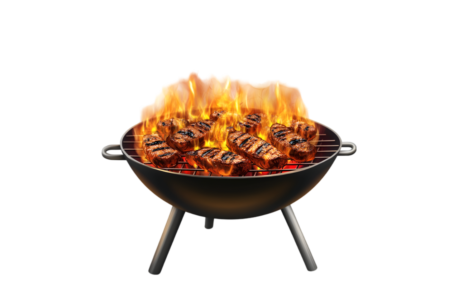Grilled steaks on a flaming barbecue on a transparent background png