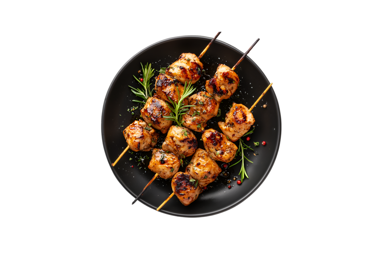 Chicken skewers with rosemary and herbs on a transparent background