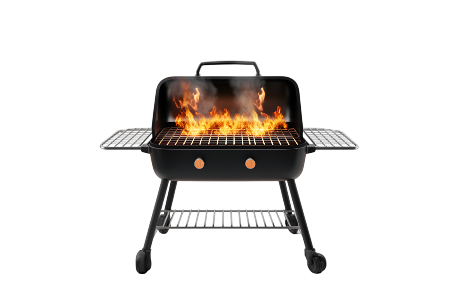 Steak on a charcoal grill with flames on a transparent background png